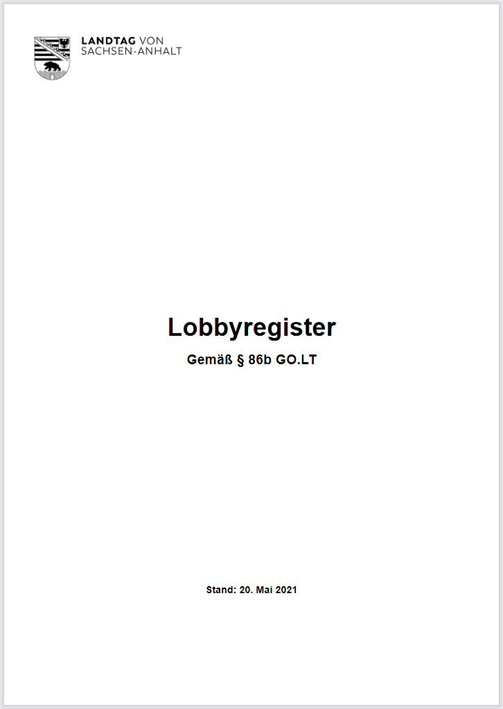 Deckblatt des Lobbyregisters vom 20.05.2021 