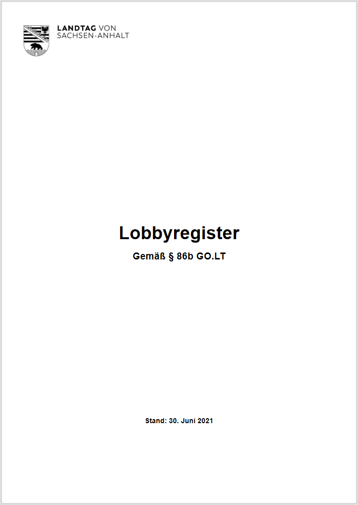 Deckblatt des Lobbyregisters vom 30.06.2021 
