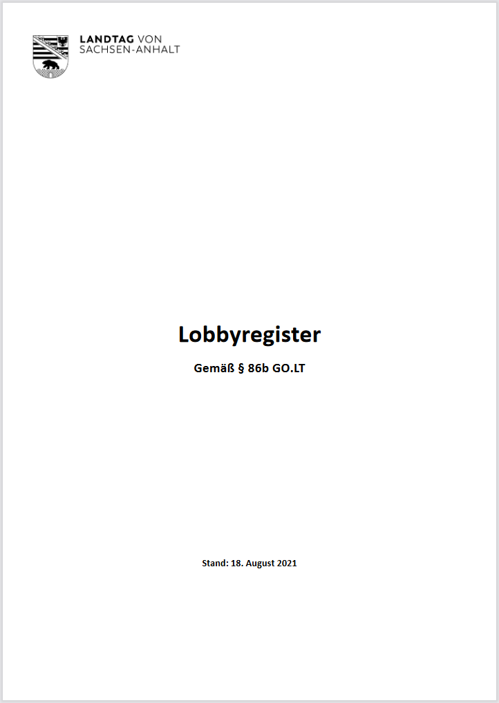 Deckblatt des Lobbyregisters vom 18.08.2021 