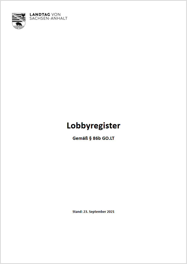 Deckblatt des Lobbyregisters vom 23.09.2021 