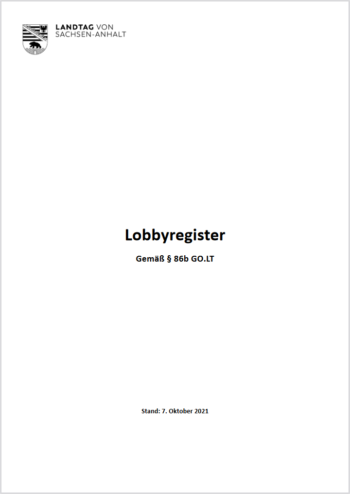 Deckblatt des Lobbyregisters vom 07.10.2021 