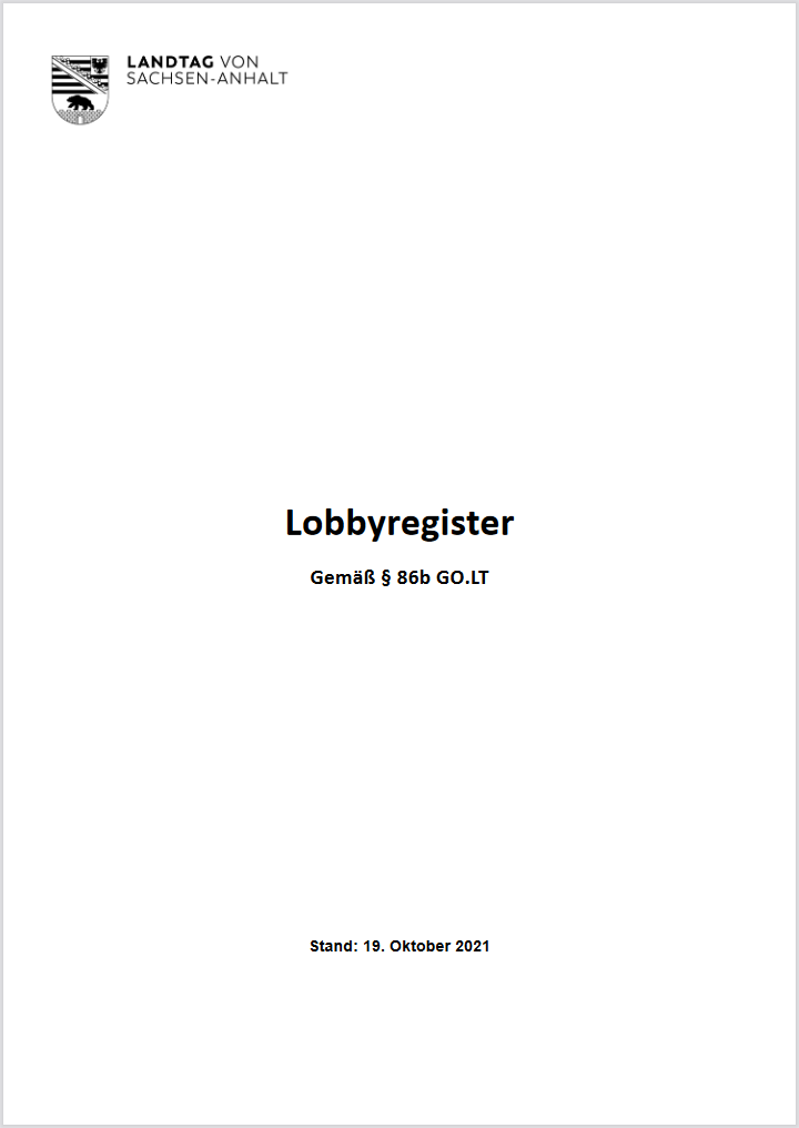 Deckblatt des Lobbyregisters vom 19.10.2021 