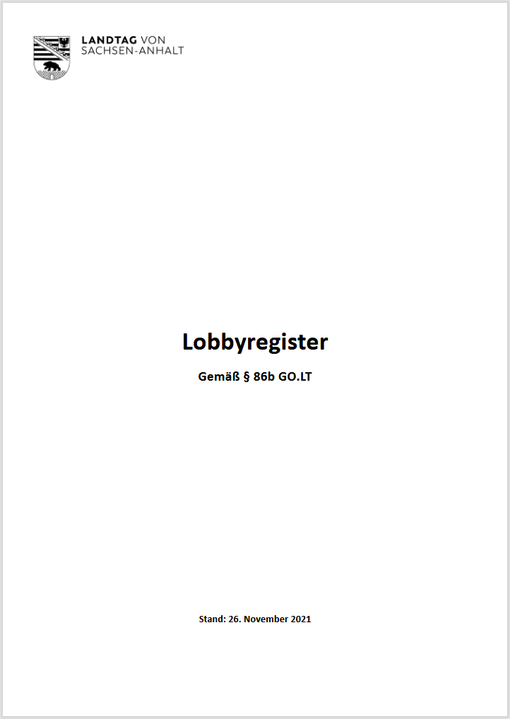 Deckblatt des Lobbyregisters vom 26.11.2021 