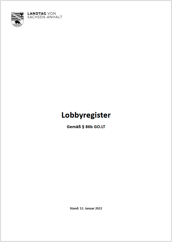 Deckblatt des Lobbyregisters vom 12.01.2022