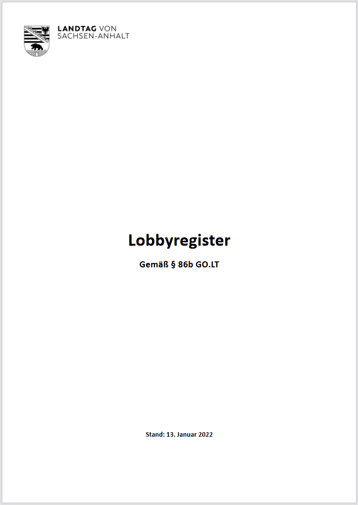 Deckblatt des Lobbyregisters vom 13.01.2022
