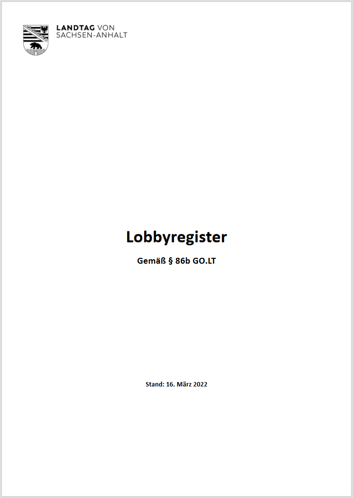 Deckblatt des Lobbyregisters vom 16.03.2022