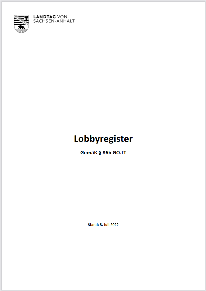 Deckblatt des Lobbyregisters vom 08.07.2022