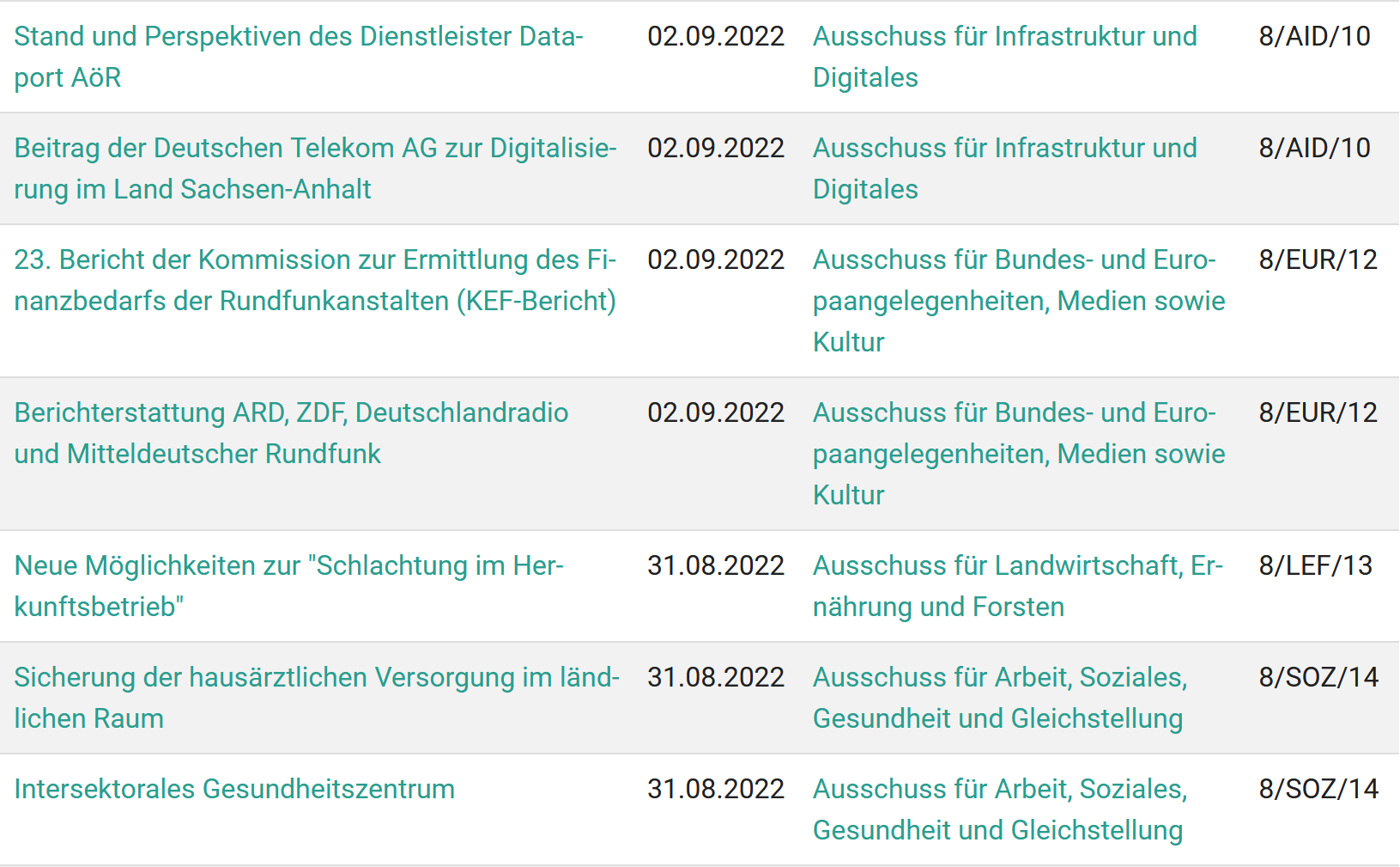 Sitzungen der Ausschüsse des Landtags Sachsen-Anhalt in der 35. Kalenderwoche